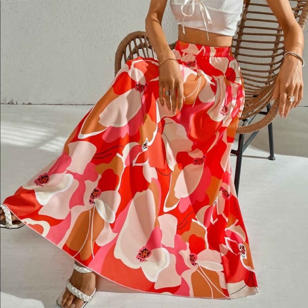 Bohemian Boho Floral Tropical Maxi Skirt Red - Picture 3 of 11
